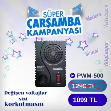 Powerful PWM-500 500VA 250W Kombi, Buzdolabı Otomatik Voltaj Regülatörü